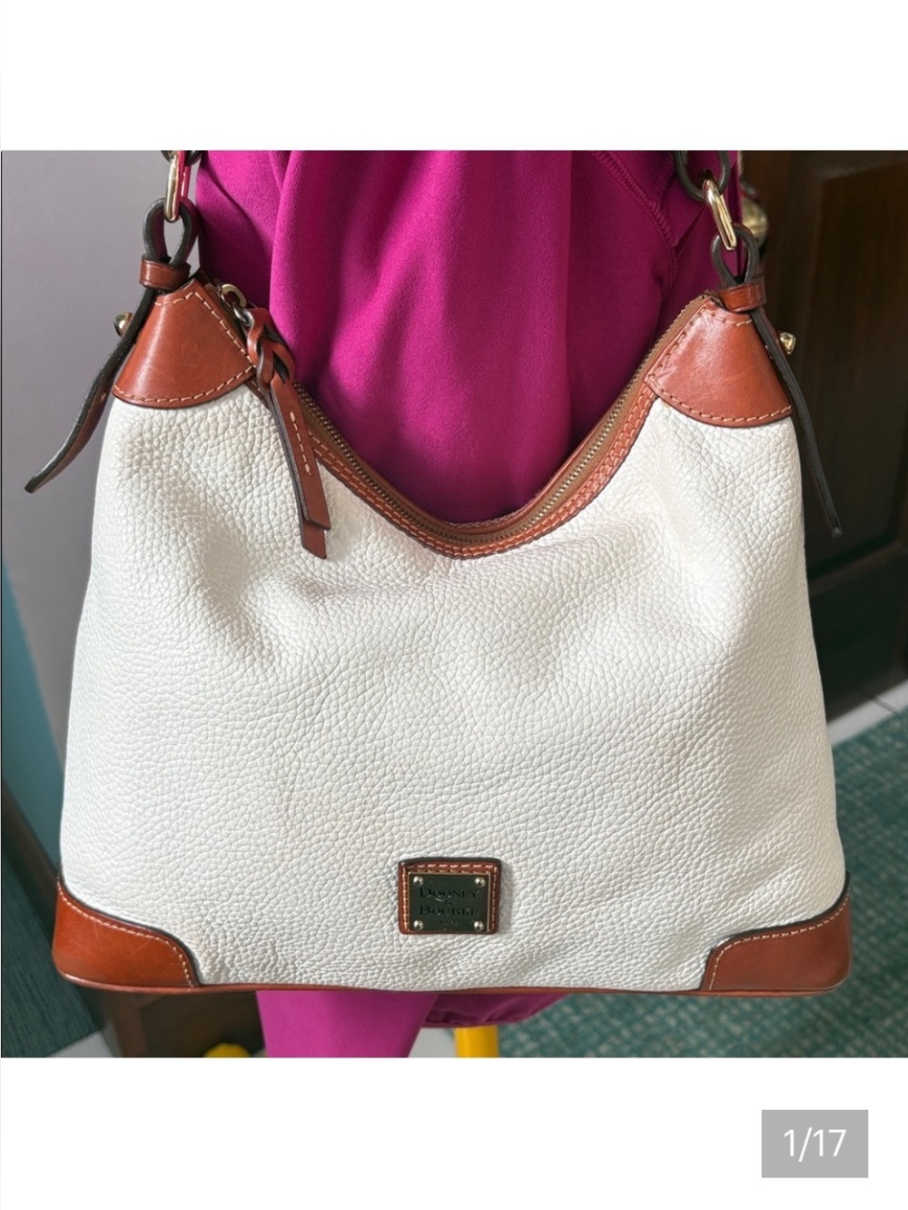 Dooney & Bourke Hobo Bag  Shoulder Bag  pebbled leather white/saddle brown trim